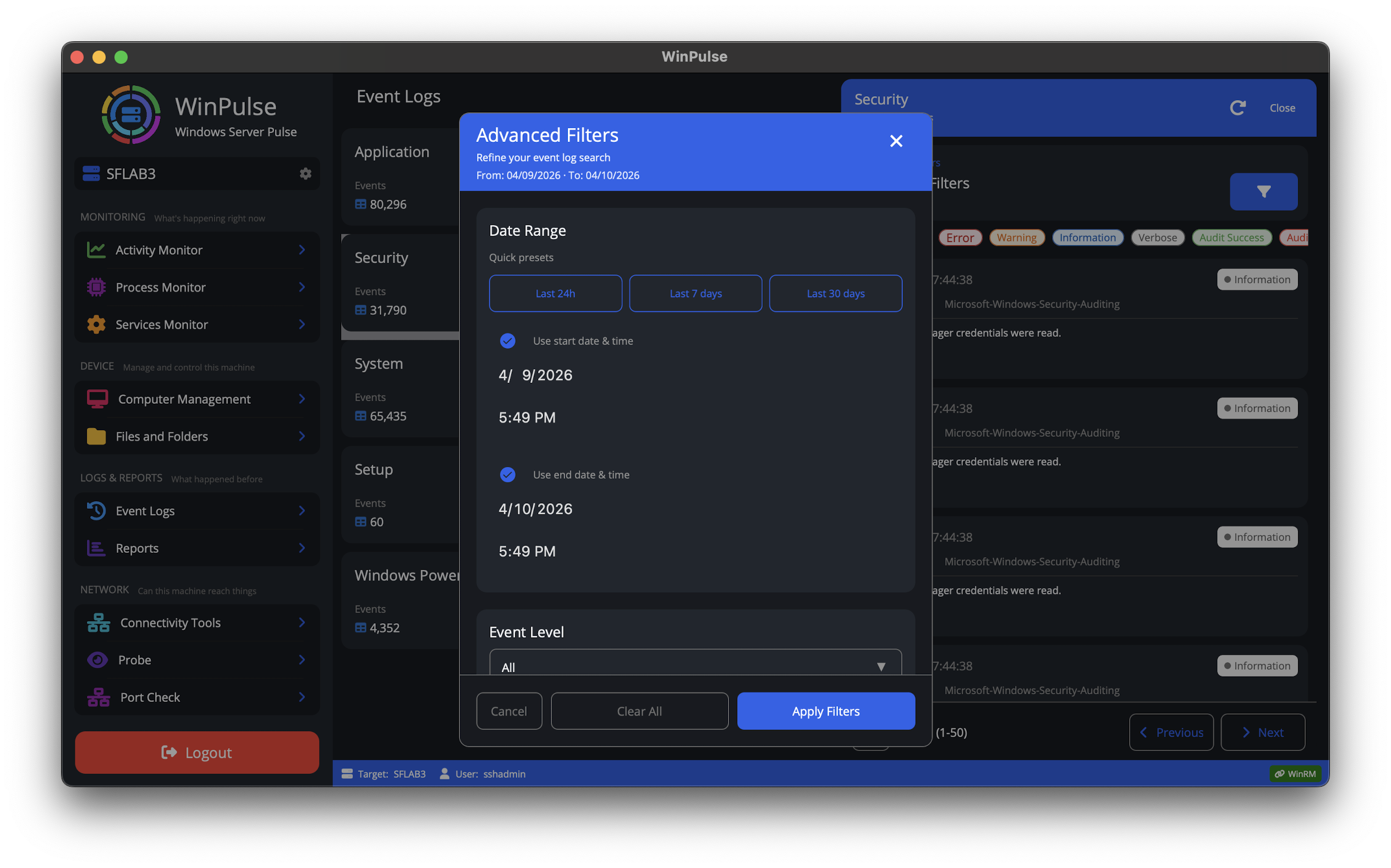 Event logs — search and review (Mac)